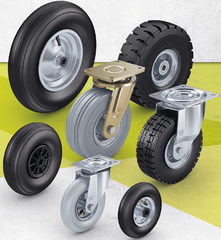 Wheels and castors with pneumatic tyres and super-elastic solid rubber tyres